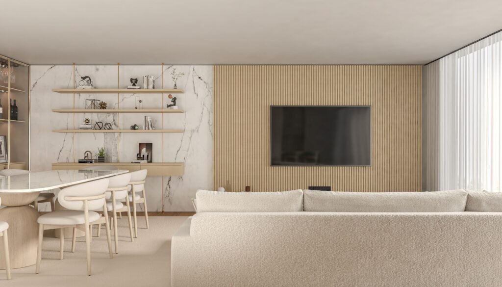 Modern neutral living room with cream sofa, wood accent wall and dining area