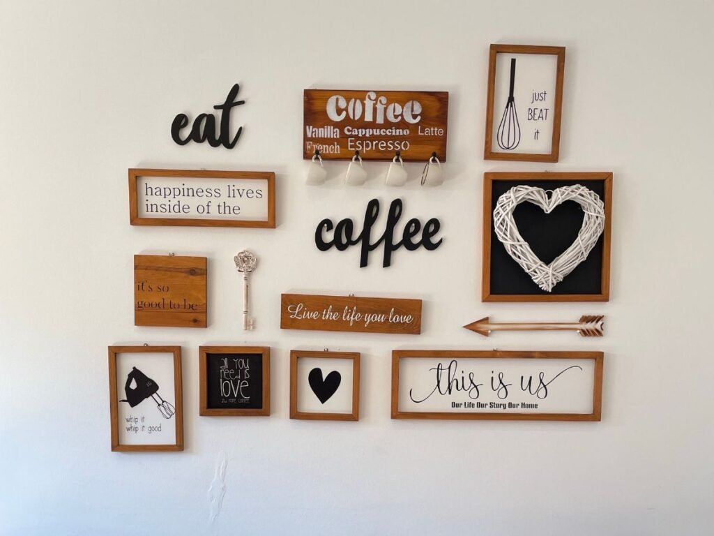 DIY wall decor signs arranged above a brown sofa
