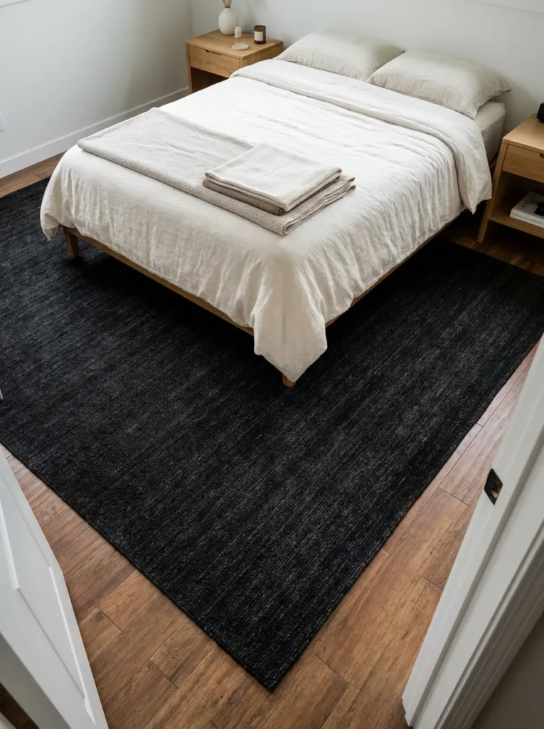 Large black area rug extending beyond the sides and foot of a queen bed.