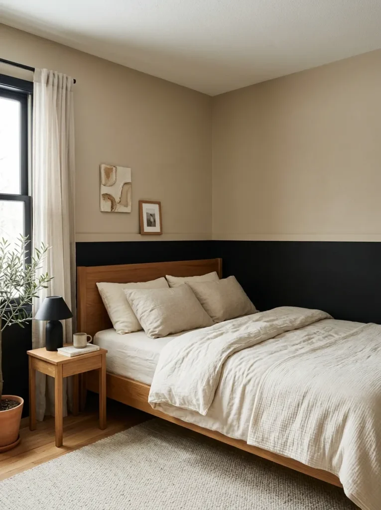 Bedroom with black lower walls, warm beige upper walls, and a slim chair-rail divide.