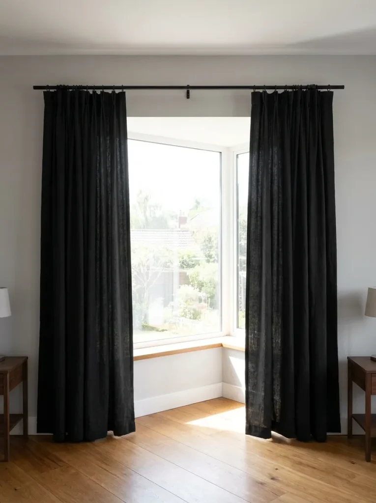 Black blackout curtains mounted high and wide around a bright bedroom window.