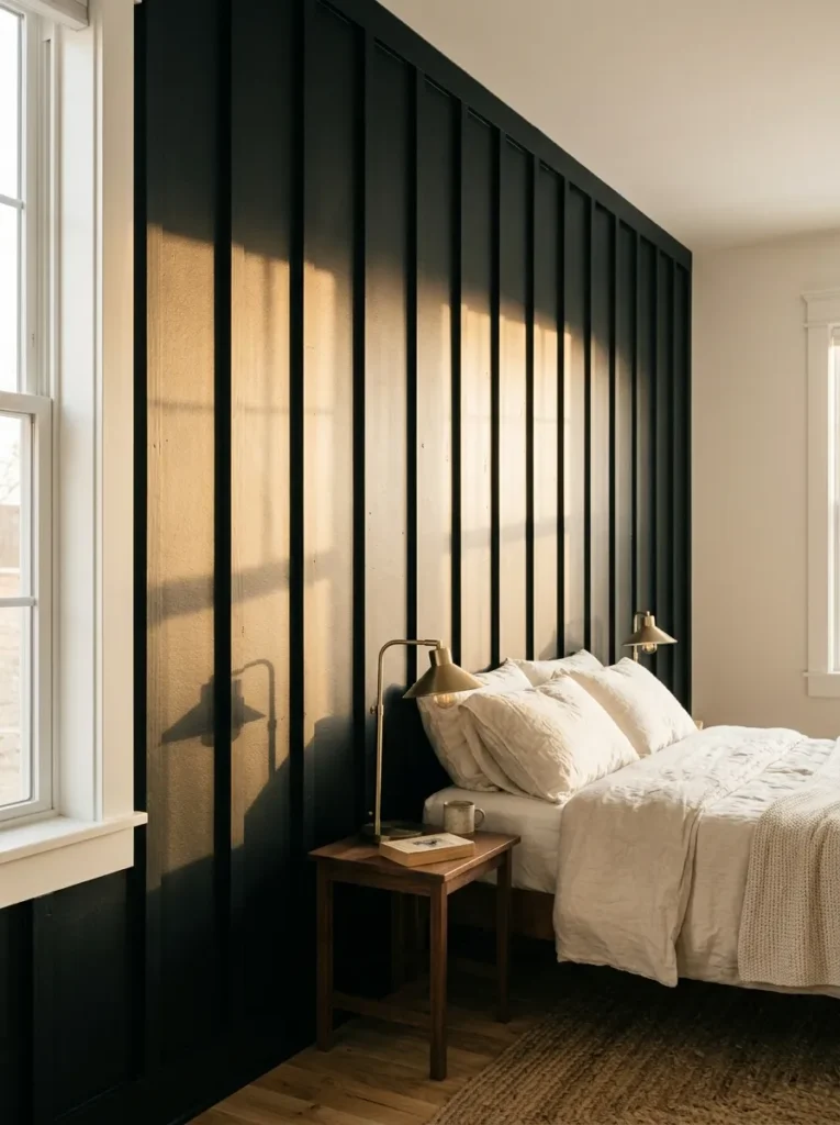 Black board-and-batten bedroom wall highlighted by warm golden-hour shadows.