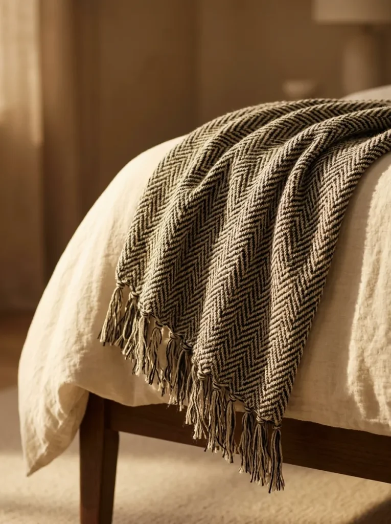Textured black-and-cream throw draped across the corner of a cream bed.