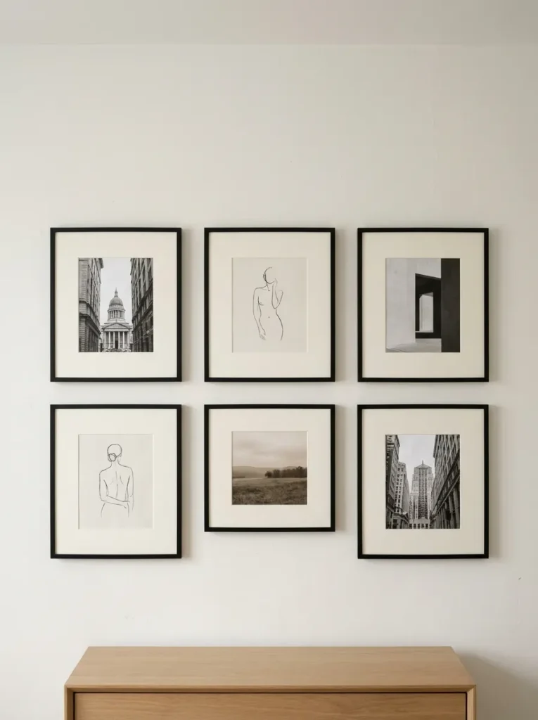 Minimal black-framed gallery wall with monochrome artwork and evenly spaced cream mats.