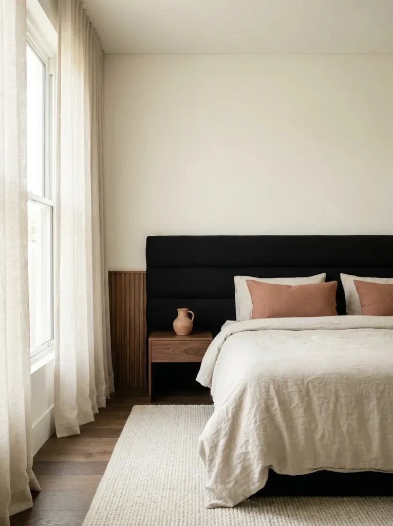 Black bedroom softened with terracotta pillows, a clay vase, and warm-white bedding.