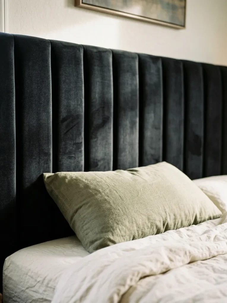 Black velvet headboard paired with cream bedding and a muted olive pillow.