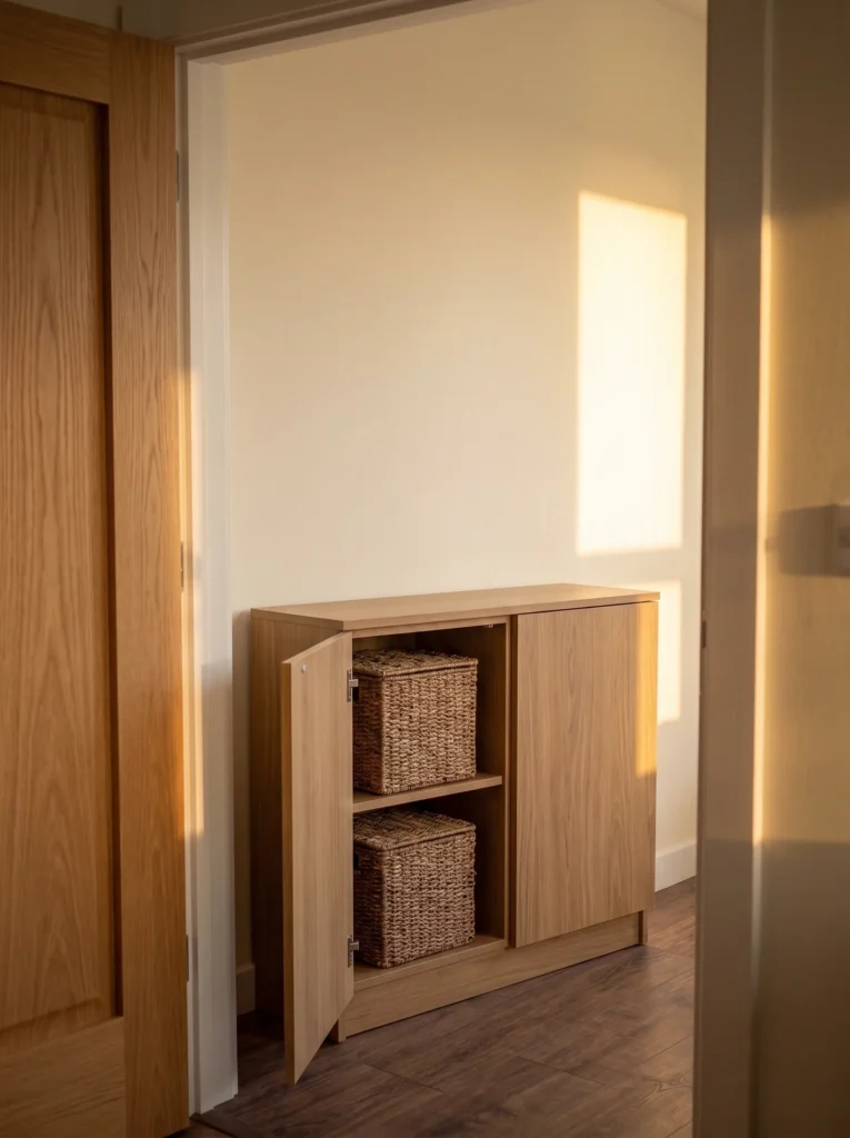 Low closed cabinet with fitted baskets and one door open to reveal organized storage.