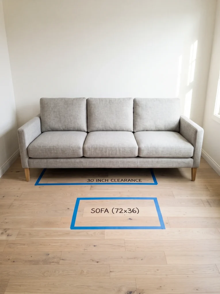Compact 72-inch sofa with narrow arms arranged in a 10-by-12-foot living room.
