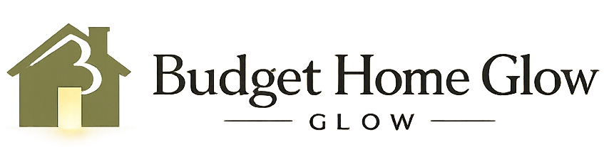 Budget Home Glow minimalist text logo in muted olive green and warm beige