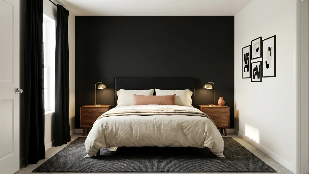 Elegant black bedroom with an ivory bed, walnut nightstands, brass lamps, and a matte-black accent wall.