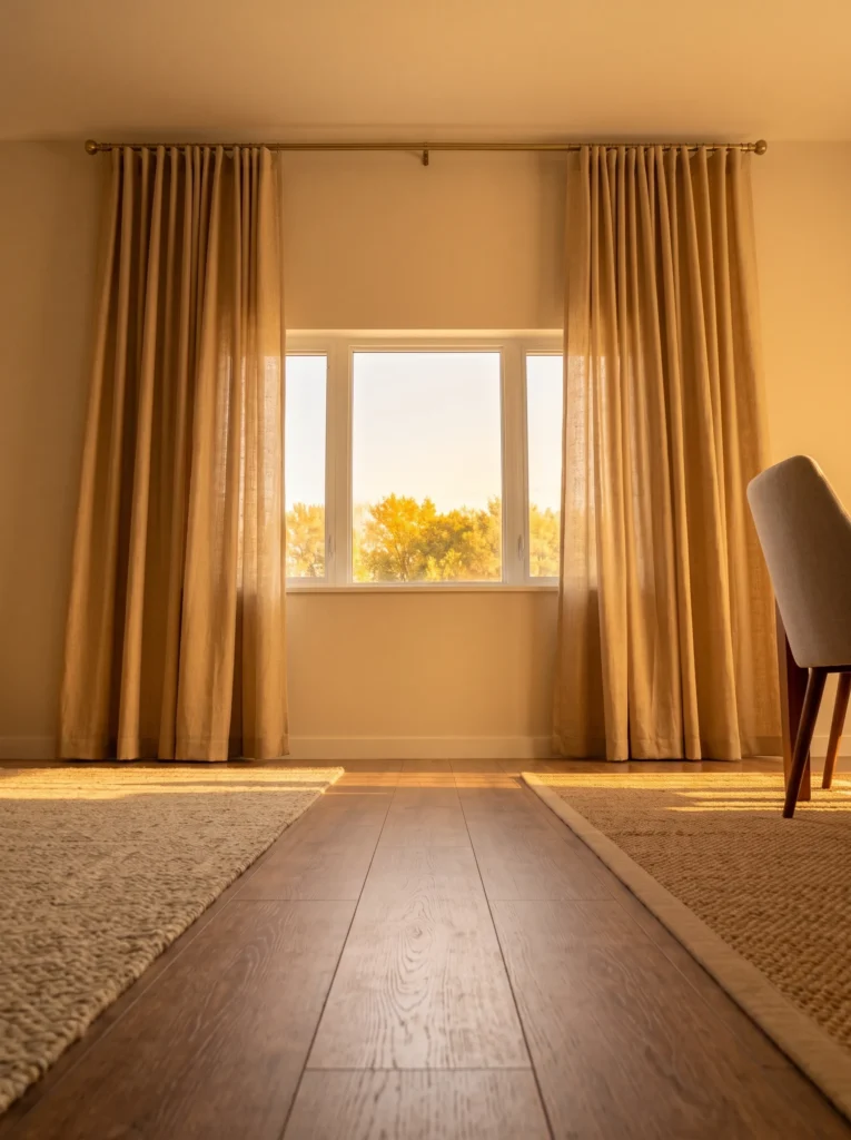 Floor-length curtains mounted high and wide to reveal more of a small living room window.