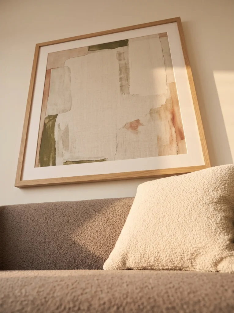 One large framed artwork spanning about two-thirds of the width of a compact sofa.