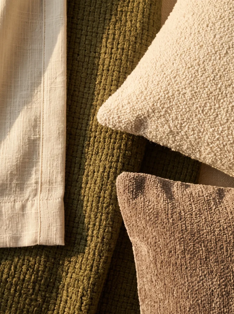 Woven throw, linen-look curtain, and two differently textured pillow covers layered together.