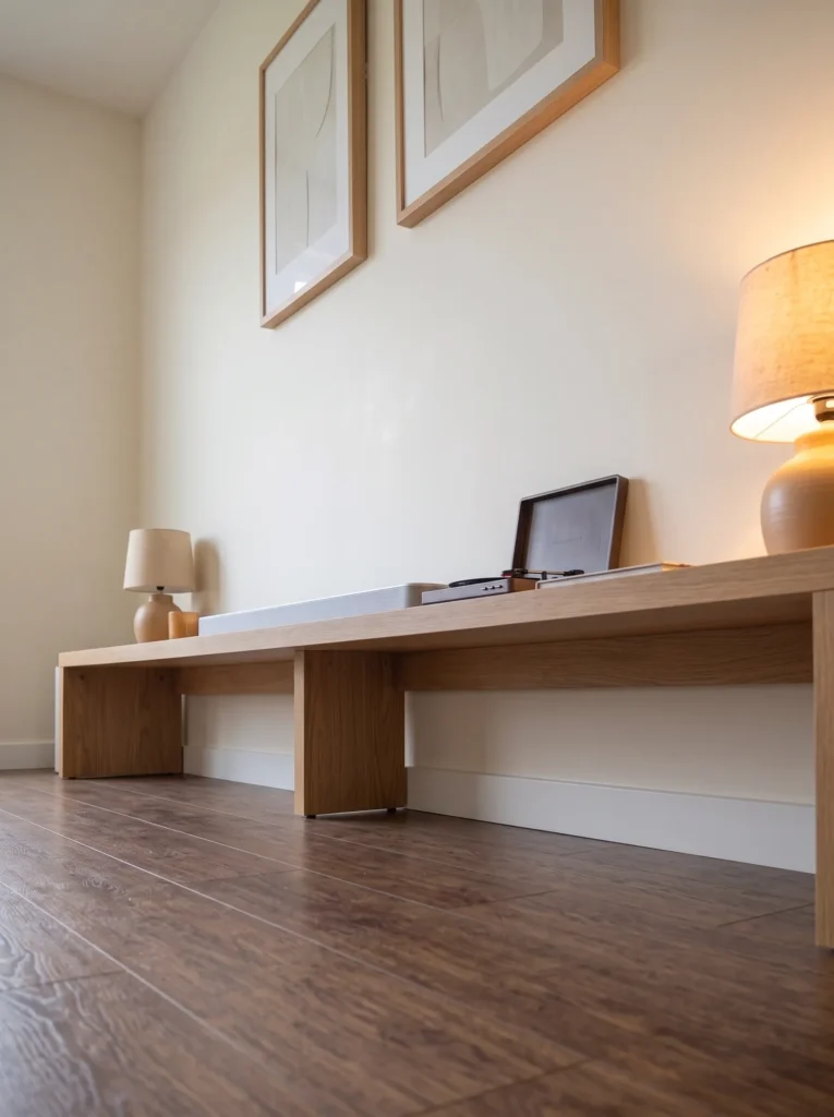 Long low media console with hidden cables and uncluttered wall space above it.