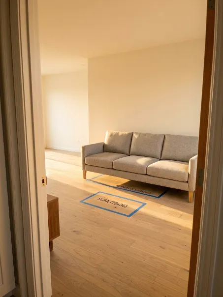 Compact sofa placed along the longest wall with the opposite side open for movement.
