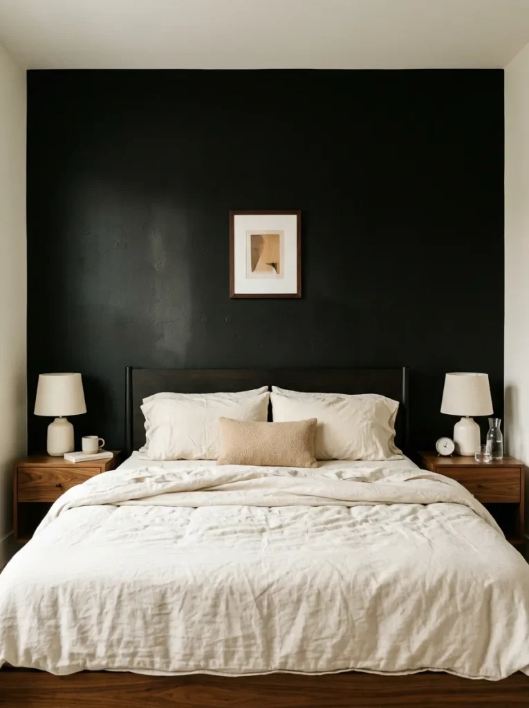 Matte-black accent wall behind an ivory bed with warm walnut nightstands.