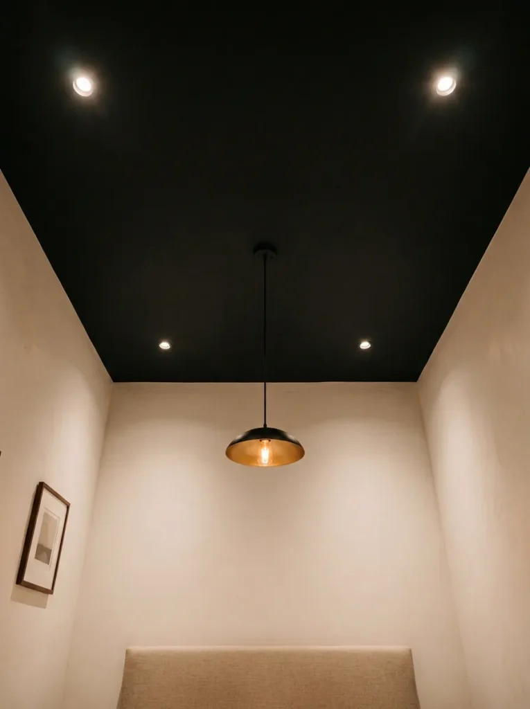 Matte-black bedroom ceiling above pale walls with warm layered lighting