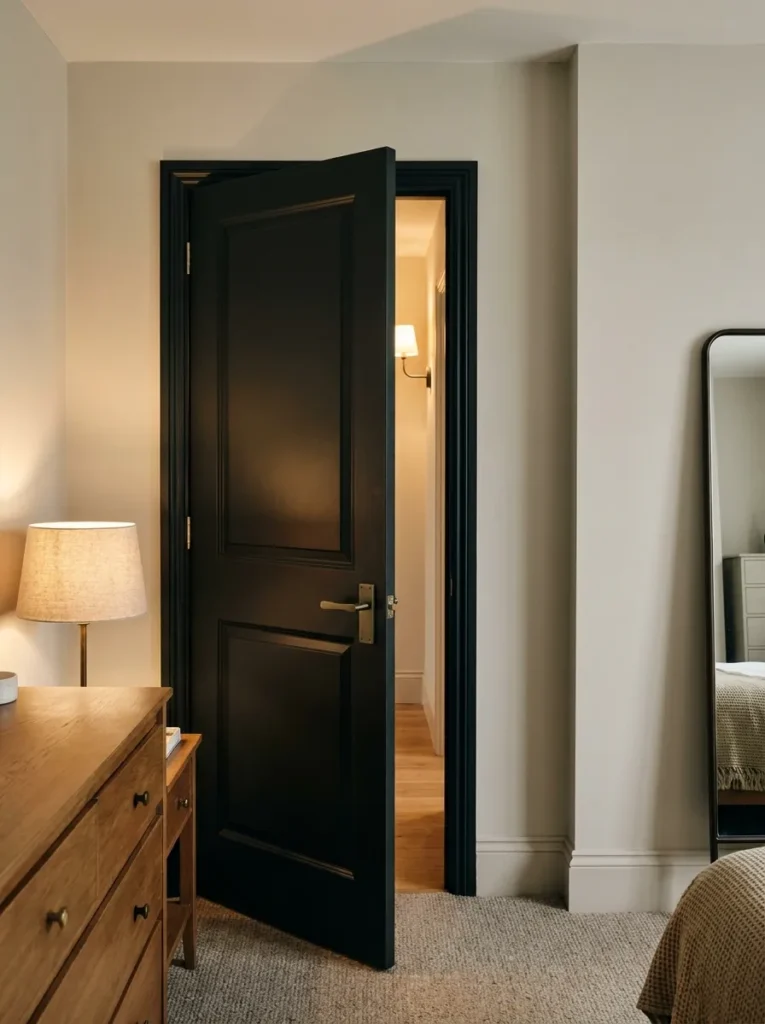 Matte-black bedroom door and matching frame creating contrast against pale walls.