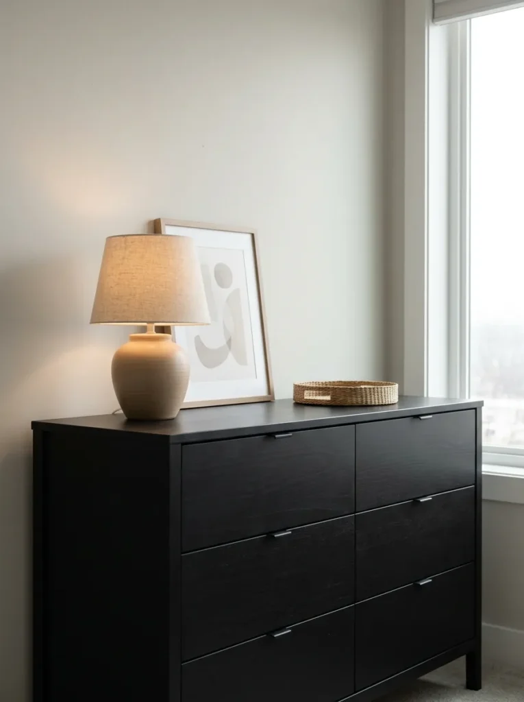 Matte-black six-drawer dresser styled with a lamp, framed artwork, and a small tray.