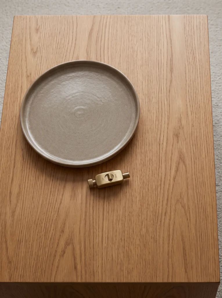 Coffee table holding one tray and one low decorative object with space left for two drinks.