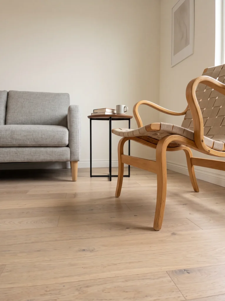 Compact sofa, bentwood accent chair, and slim side table with visible floor beneath them.