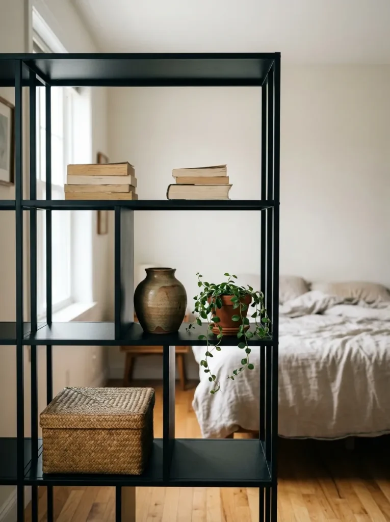 Open black bedroom bookcase styled with books, pottery, and a trailing plant.