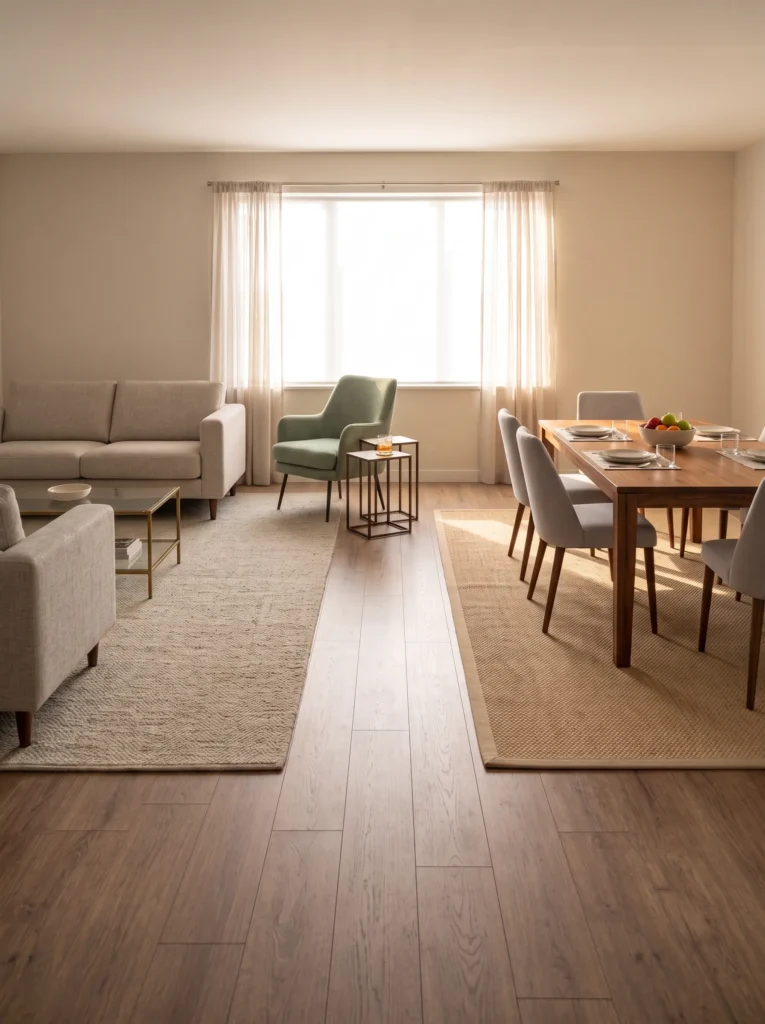 Open living and dining areas separated with rugs and lighting while sharing a clear walkway.