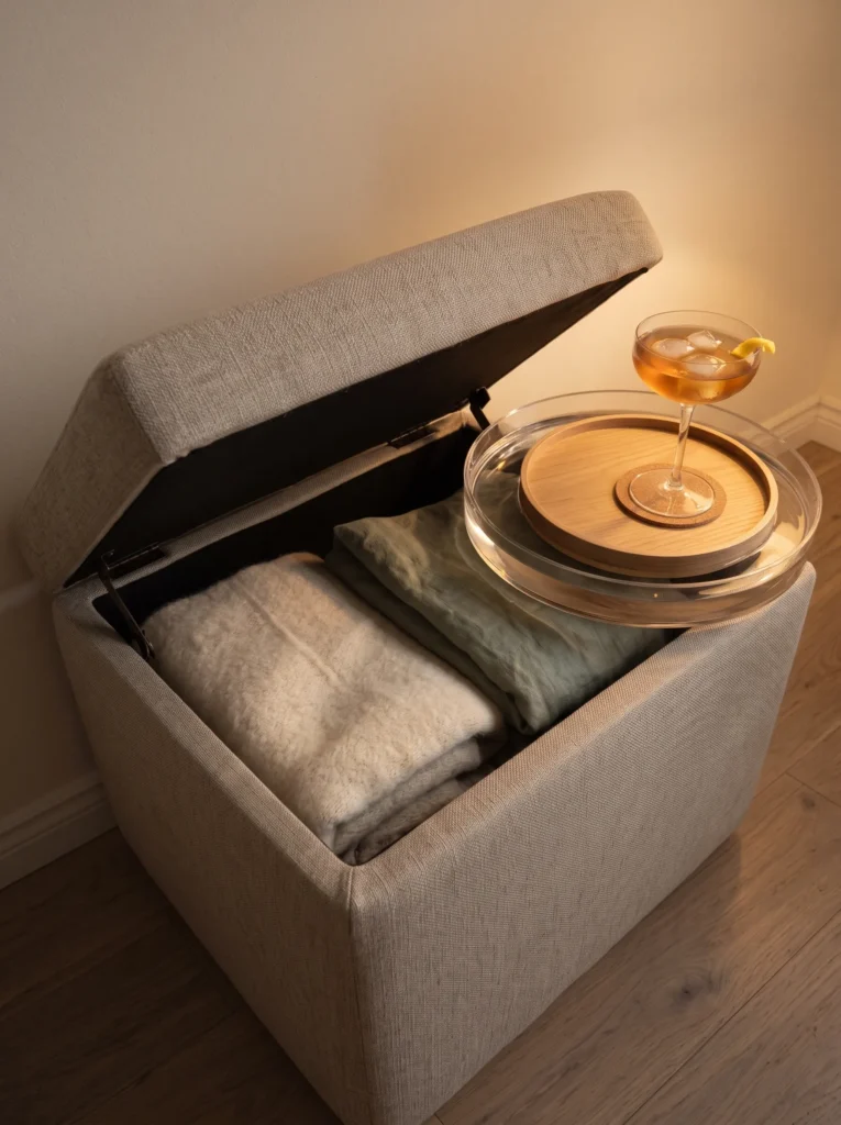 Open storage ottoman containing folded throws with a removable tray on top.