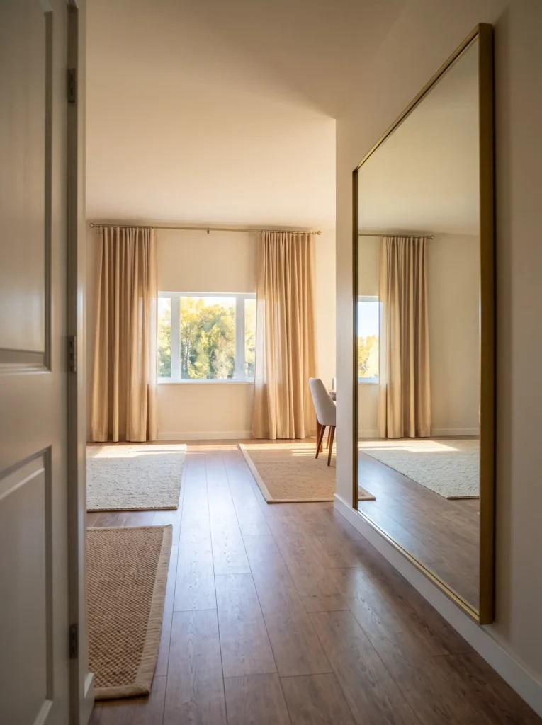 Large wall mirror reflecting a bright window and an uncluttered living room wall.