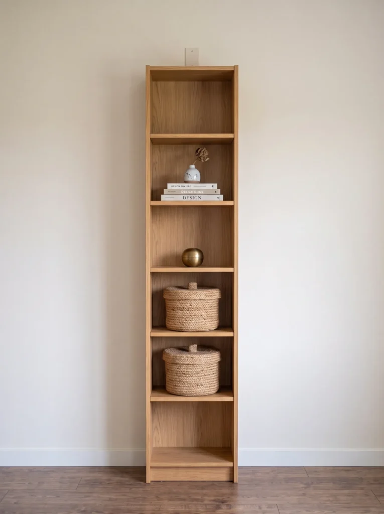 Shallow vertical bookcase with lidded baskets, open shelves, and a discreet wall anchor.