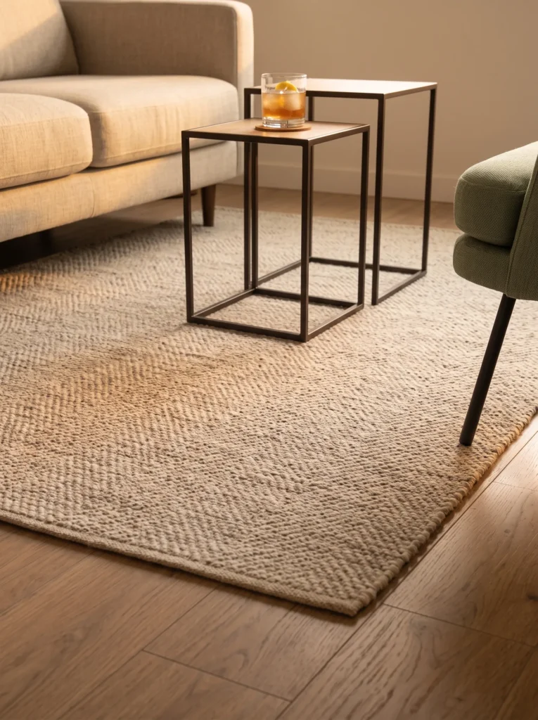 Six-by-nine-foot area rug extending beneath the front legs of a compact sofa and chair.