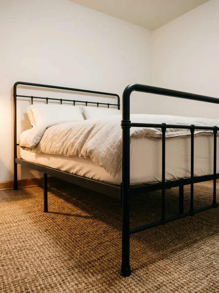 Slender black iron bed frame against white walls and a natural woven rug.
