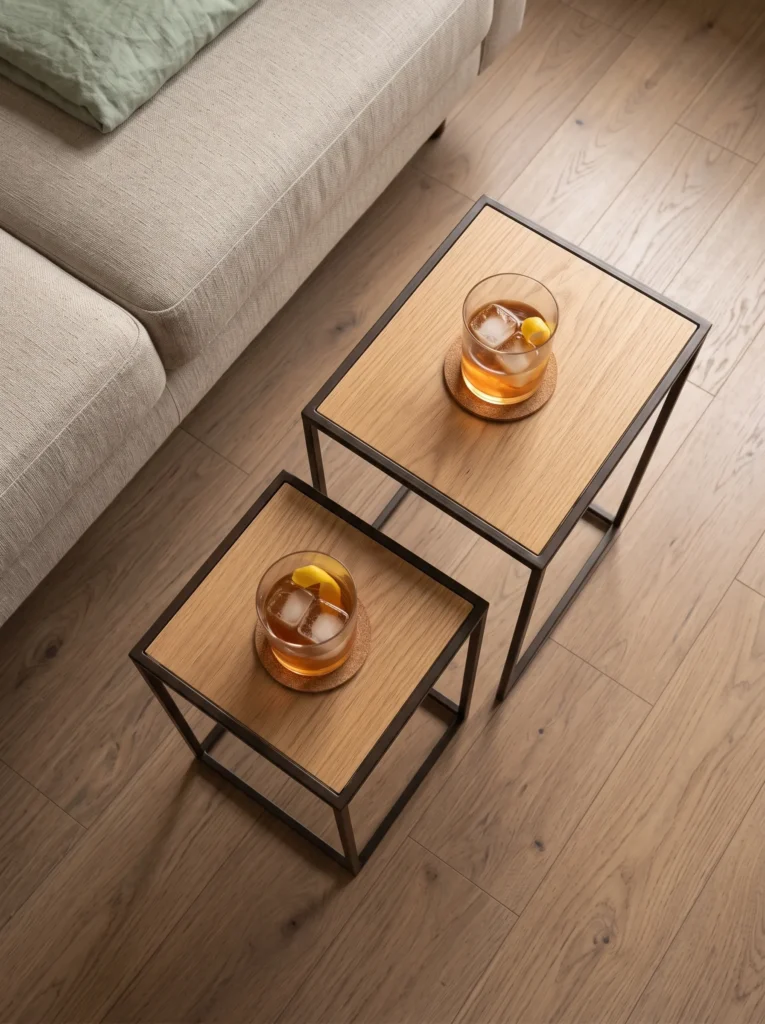 Two slim nesting tables separated beside a sofa with one drinking cup on each table.