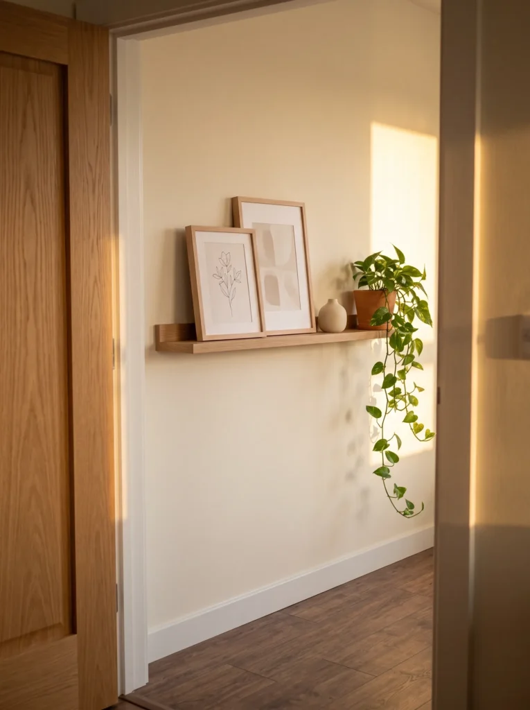 Slim picture ledge displaying two overlapping frames, a small object, and a trailing plant.