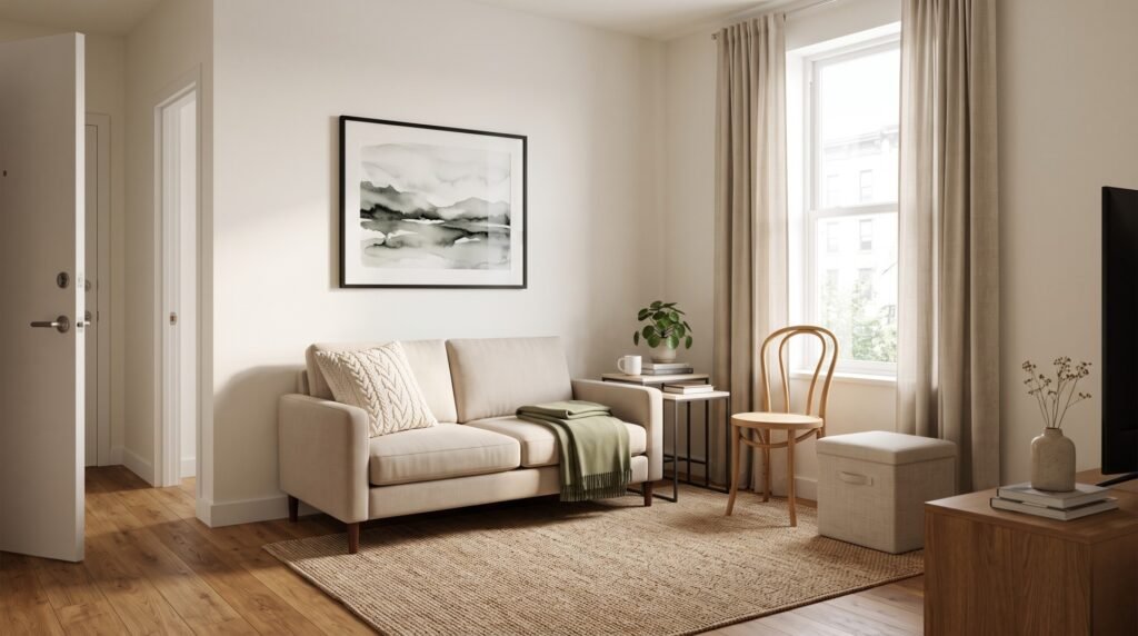 Budget-friendly small living room with a compact sofa, storage ottoman, nesting table, and clear walkway.