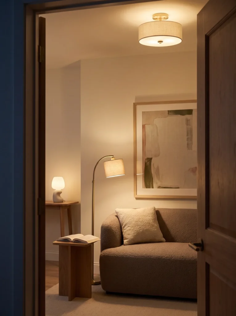 Ceiling fixture, reading lamp, and accent lamp illuminating different areas of a small living room.