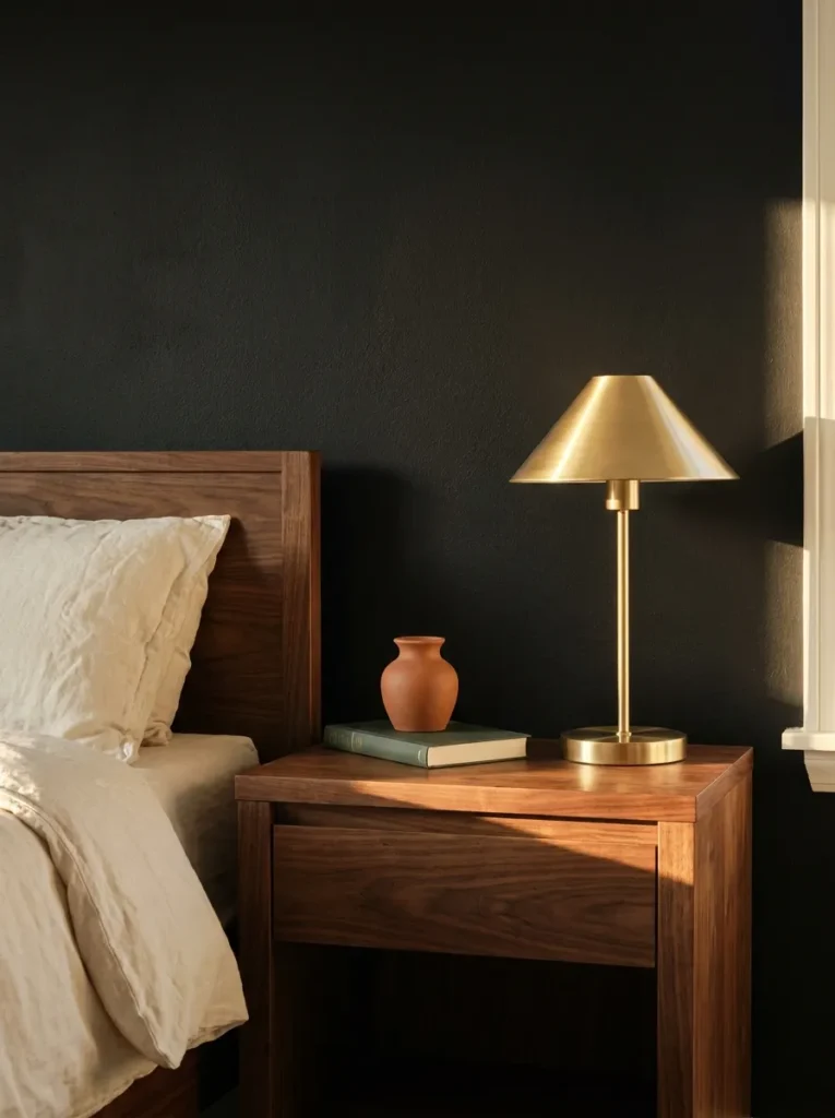 Warm walnut bedroom furniture contrasting with a matte-black wall and cream bedding.